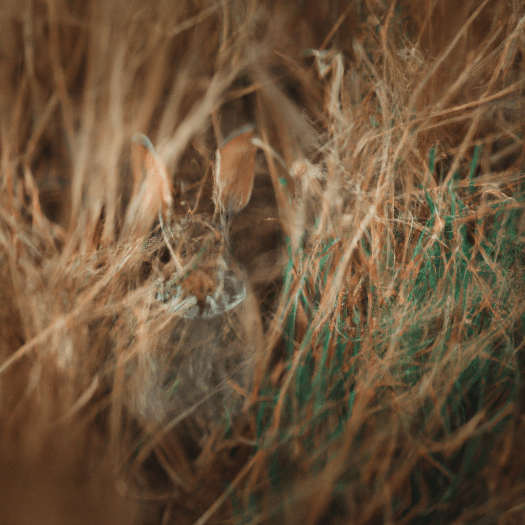 A photo capturing a clever rabbit using its camouflage to blend into its surroundings, outsmarting predators in the wild.. Sigma 85 mm f/1.4. No text.
