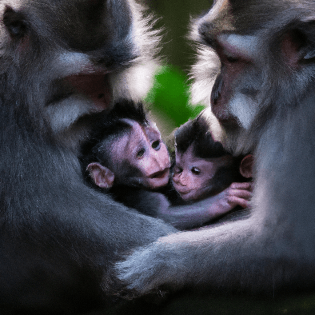 In this photo, a family of monkeys is captured in a heartwarming moment of embracing and caring for an injured member. The affectionate touch and support between them highlights the emotional connection and compassion within animal families. Canon 50mm f/1.8. No text. Sigma 85 mm f/1.4. No text.. Sigma 85 mm f/1.4. No text.