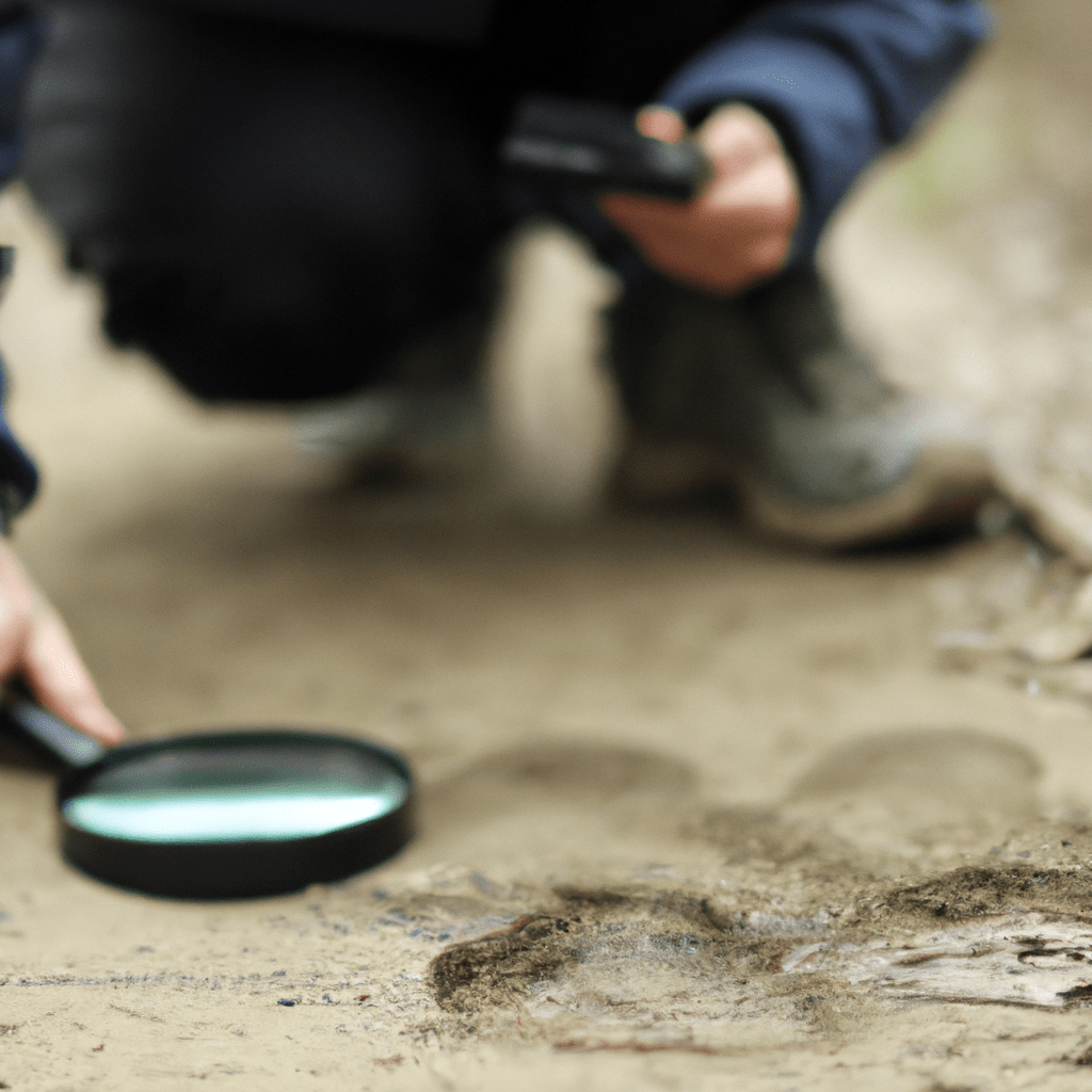 2 - A person crouching down and examining animal tracks in the dirt using a magnifying glass and measuring tape.. Sigma 85 mm f/1.4. No text.