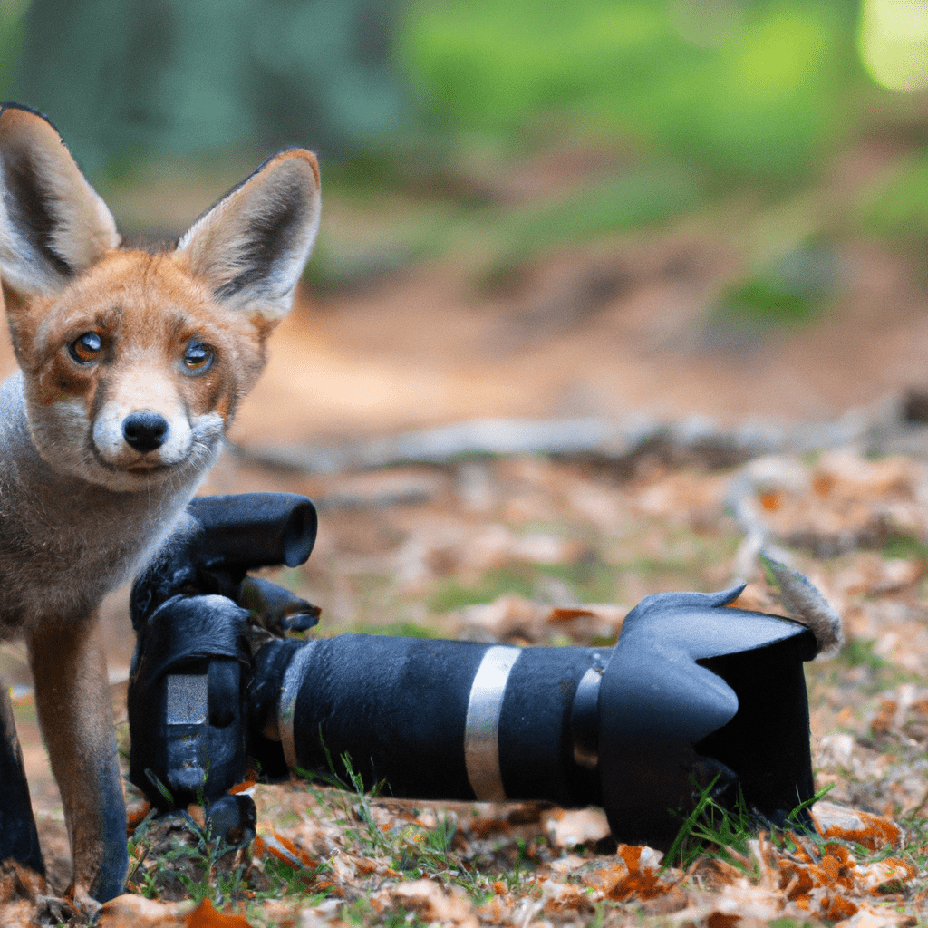 [A photo of a curious fox caught by a wildlife camera trap in its natural habitat.]. Sigma 85 mm f/1.4. No text.