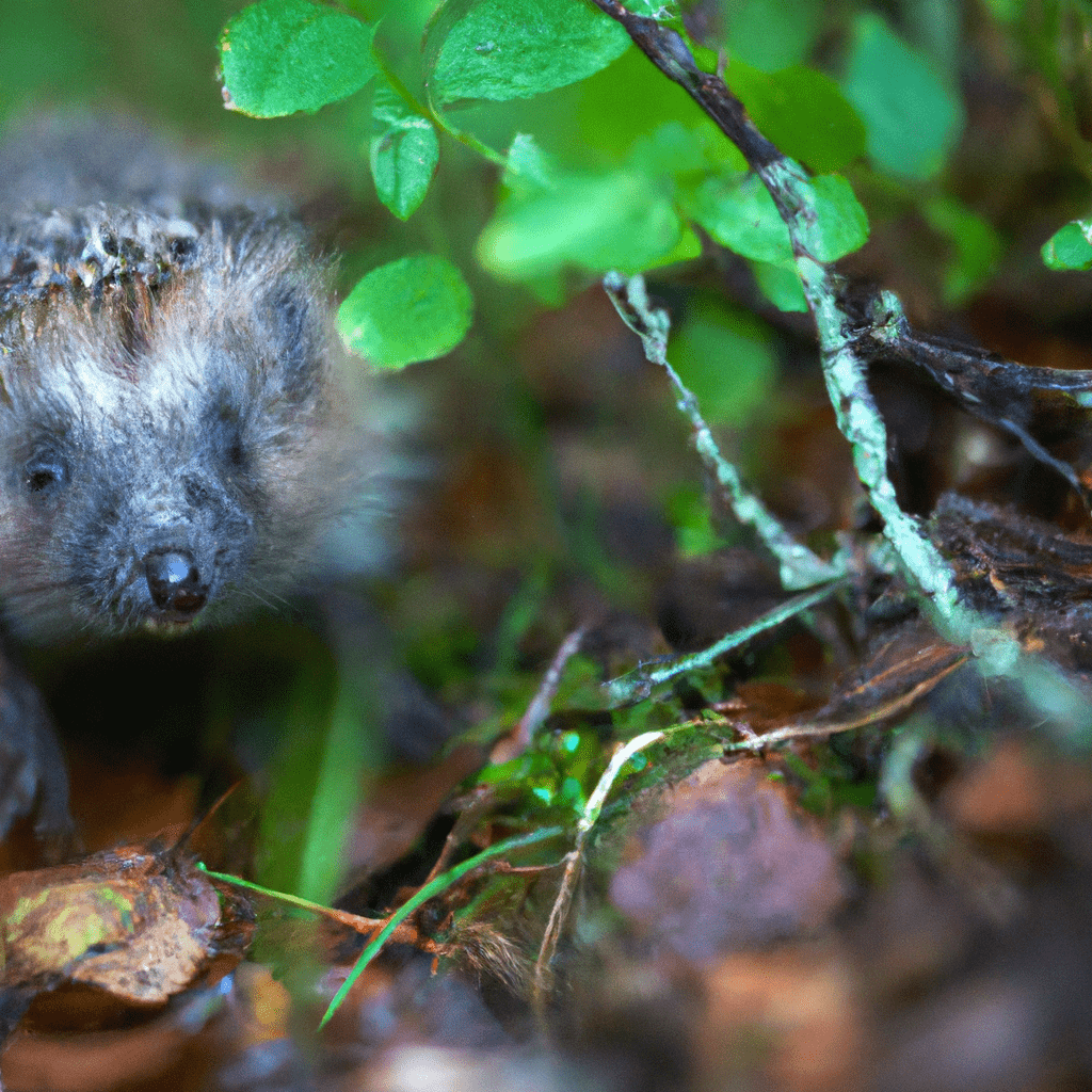 A hedgehog peeking out from a bush, curious about its surroundings. Captured on a motion-activated camera trap in the forest. Sigma 85 mm f/1.4. No text.. Sigma 85 mm f/1.4. No text.