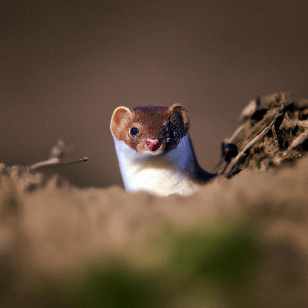 A curious weasel peeks out of its underground burrow, its eyes gleaming in the golden sunlight. Nikon 70-200mm f/2.8. No text.. Sigma 85 mm f/1.4. No text.