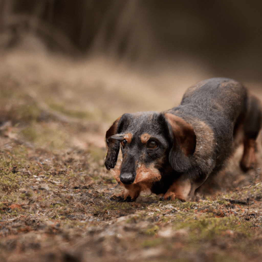 A photo capturing a skilled dachshund tracking its prey in the wild.. Sigma 85 mm f/1.4. No text.