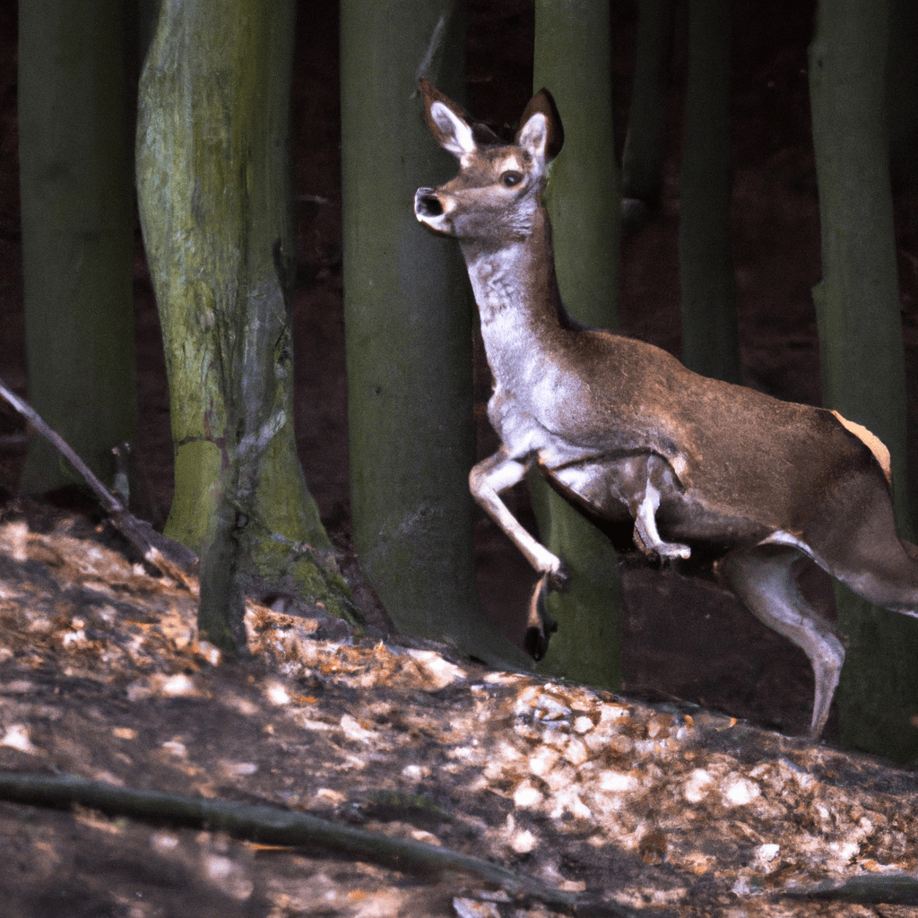 2 - [Image: Close up of a running deer in a forest, captured by a motion sensor camera]. Canon 100 mm f/2.8. Deer in motion.. Sigma 85 mm f/1.4. No text.