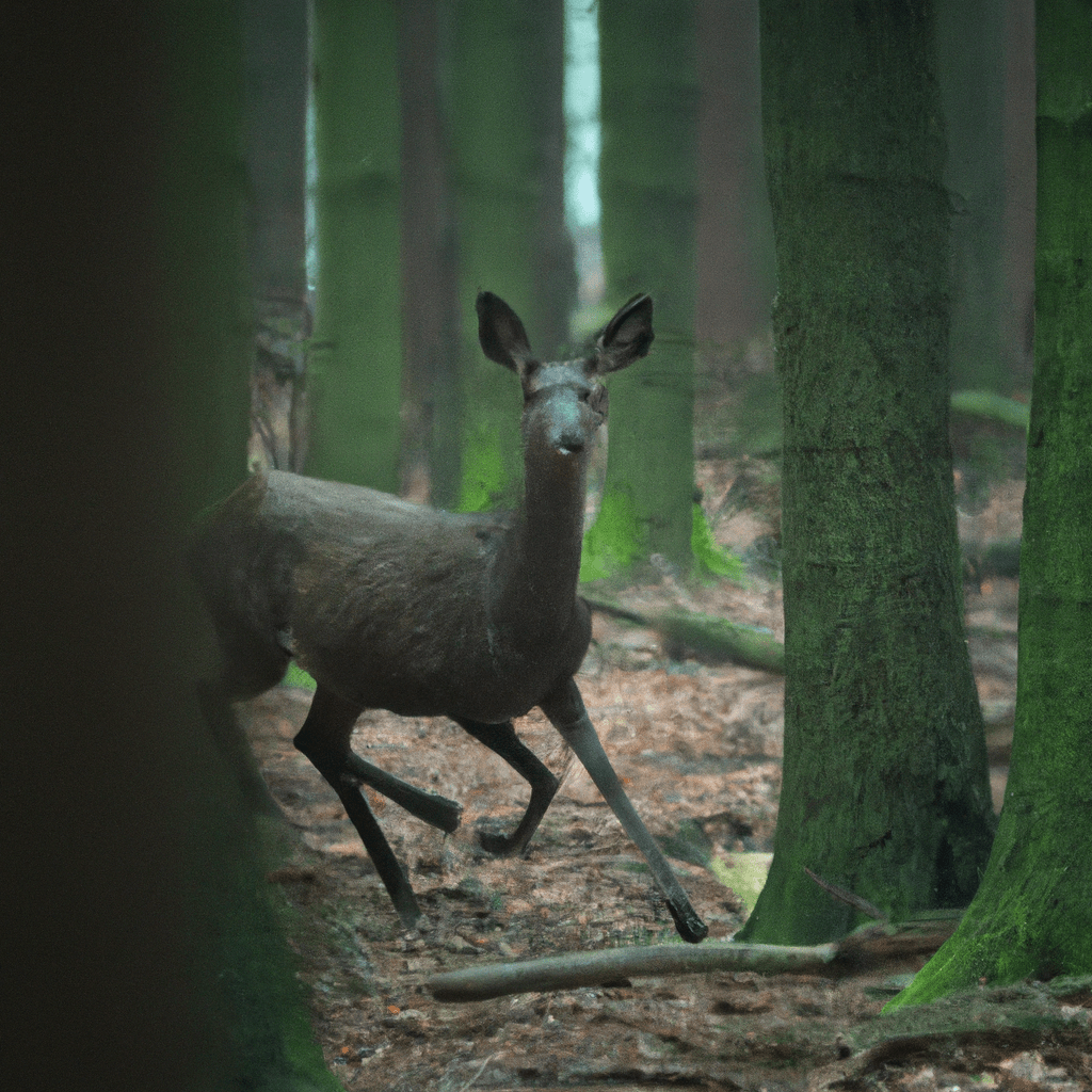 A photo of a deer captured by a high-resolution trail camera in a dense forest.. Sigma 85 mm f/1.4. No text.