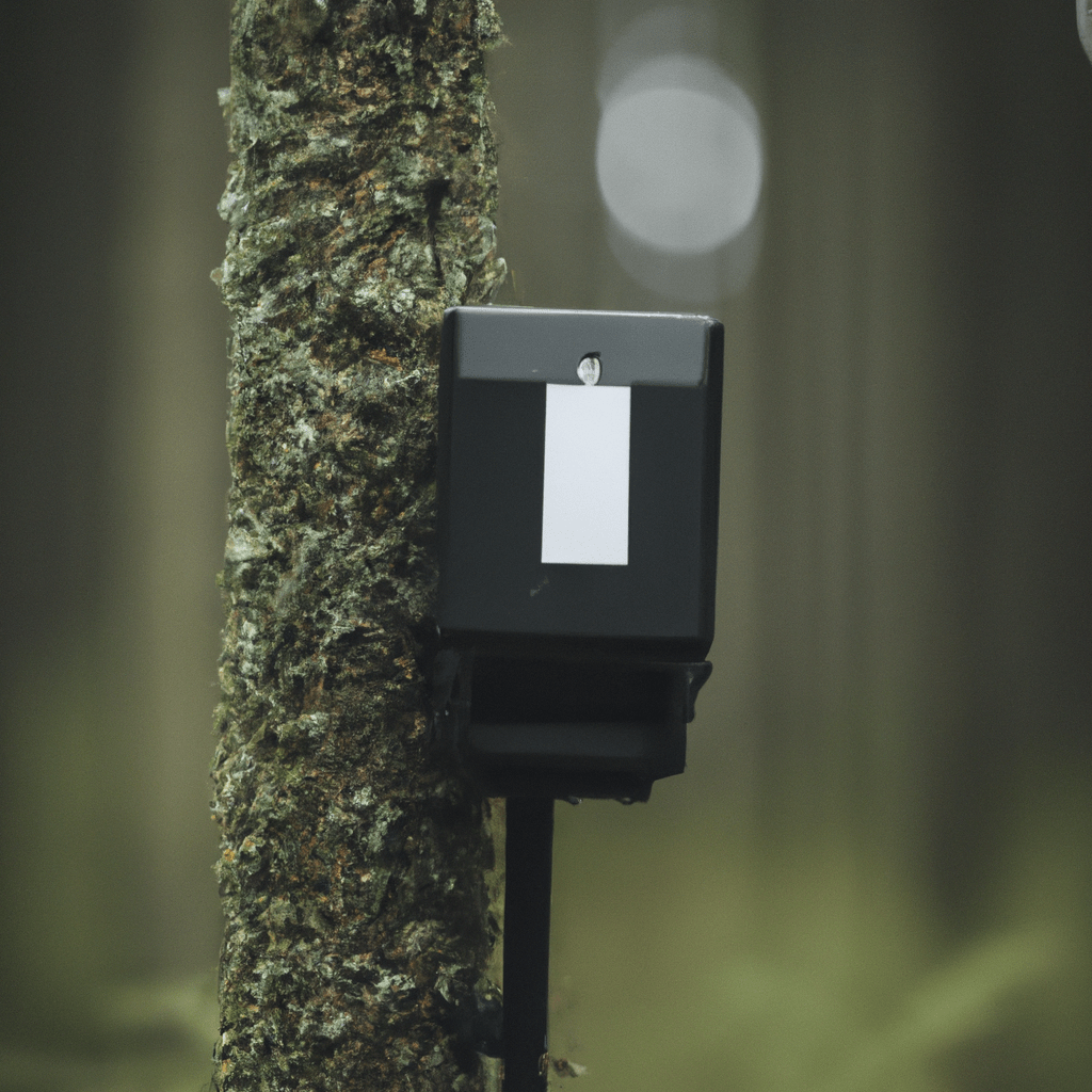 3 - A picture showcasing a weatherproof camera trap in a dense forest. Sigma 85 mm f/1.4. No text.. Sigma 85 mm f/1.4. No text.