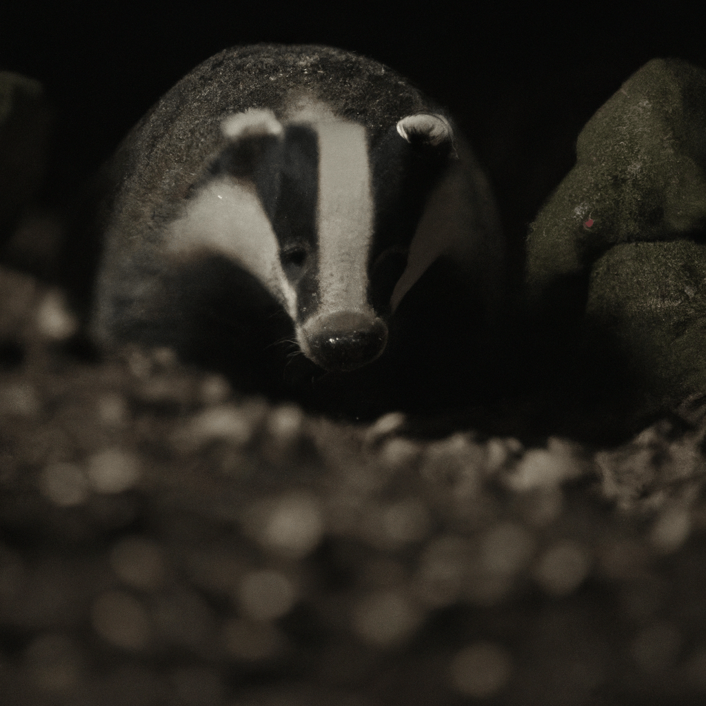 2 - A photo capturing the elusive life of a badger in its underground den. The stealthy creature ventures out at night in search of food, blending seamlessly into its surroundings.. Sigma 85 mm f/1.4. No text.
