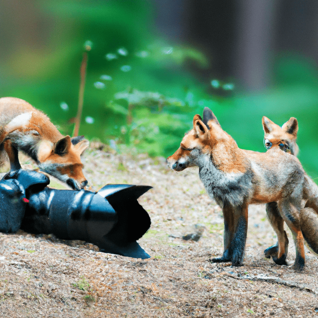 2 - A photo of a wildlife camera capturing a family of foxes playing in the forest. Sigma 100 mm f/2.8. No text.. Sigma 85 mm f/1.4. No text.