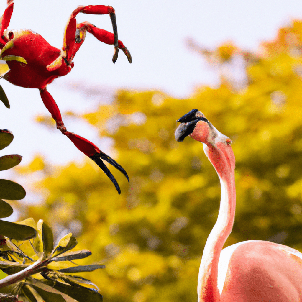 In this photo, a flamingo and a tree crab are seen collaborating in the treetops. The flamingo warns the crab of approaching danger while searching for food. This unique cooperation showcases the surprising relationships that exist between different species in nature.. Sigma 85 mm f/1.4. No text.