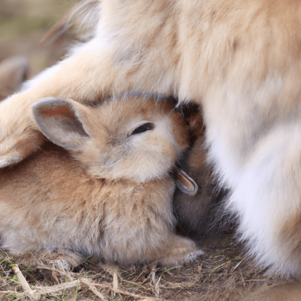 2 - A close-up photograph of a mother rabbit grooming her adorable babies, capturing their fluffy fur and loving interactions. Canon 100mm f/2.8. No text.. Sigma 85 mm f/1.4. No text.