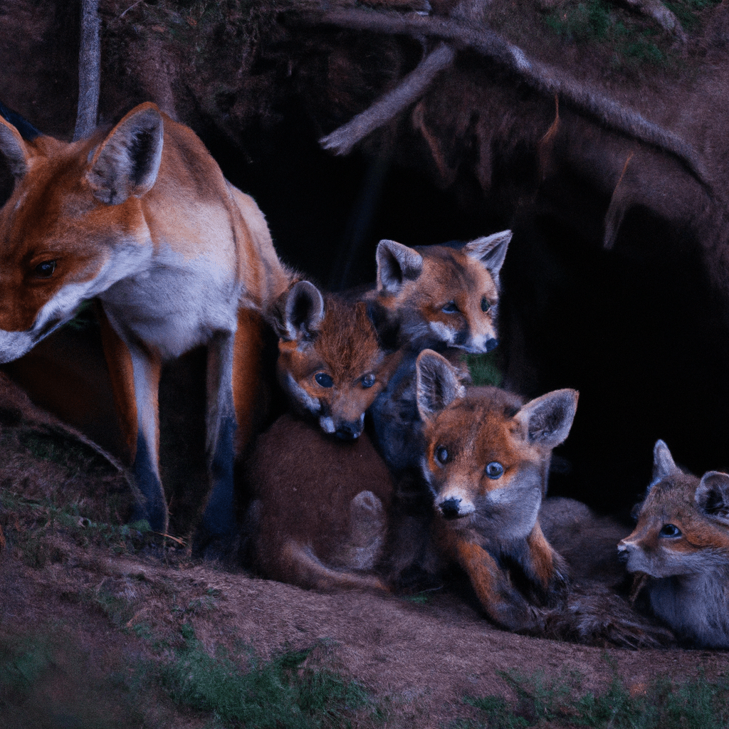 A fox family huddled together in their underground den, preparing for a night of hunting and bonding.. Sigma 85 mm f/1.4. No text.