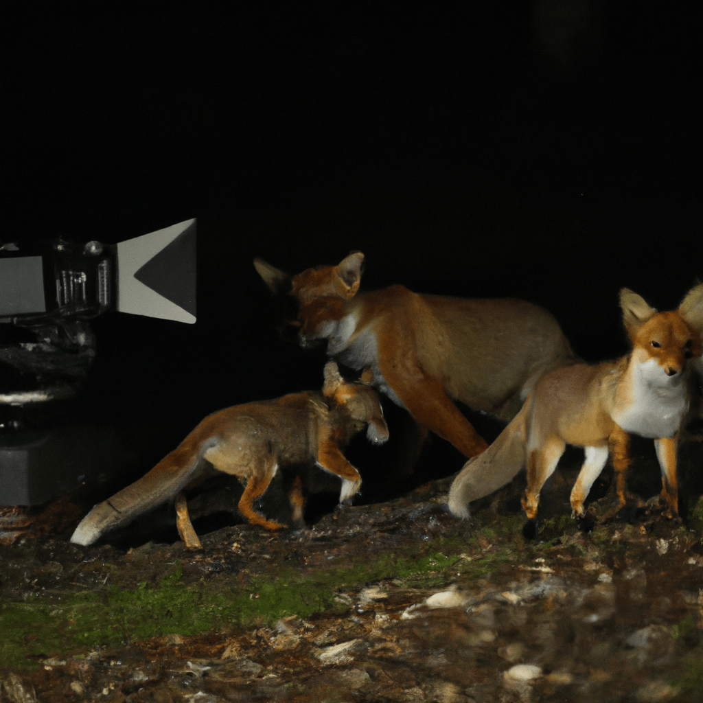 A passive camera trap captures a fox family in action at night. Canon 70-200 mm f/2.8 lens.. Sigma 85 mm f/1.4. No text.