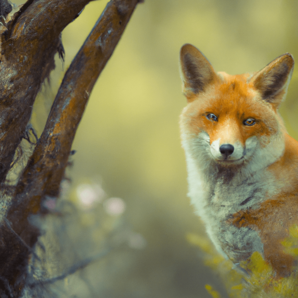 [An up-close photo of a fox in its natural habitat, taken by a hidden camera.]. Sigma 85 mm f/1.4. No text.