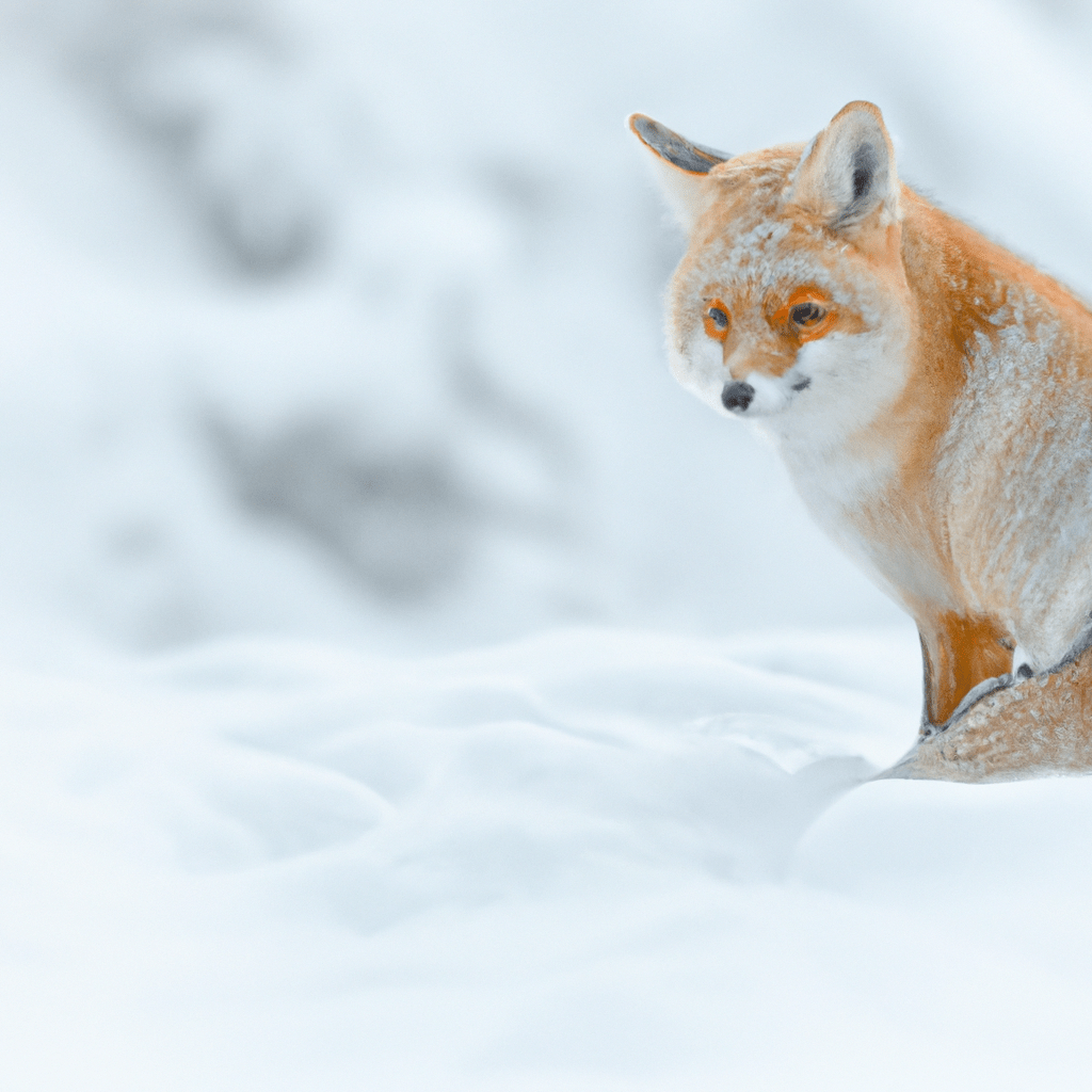 A photo of a fox in winter, with its white fur blending into the snowy background, providing camouflage and protection against predators.. Sigma 85 mm f/1.4. No text.