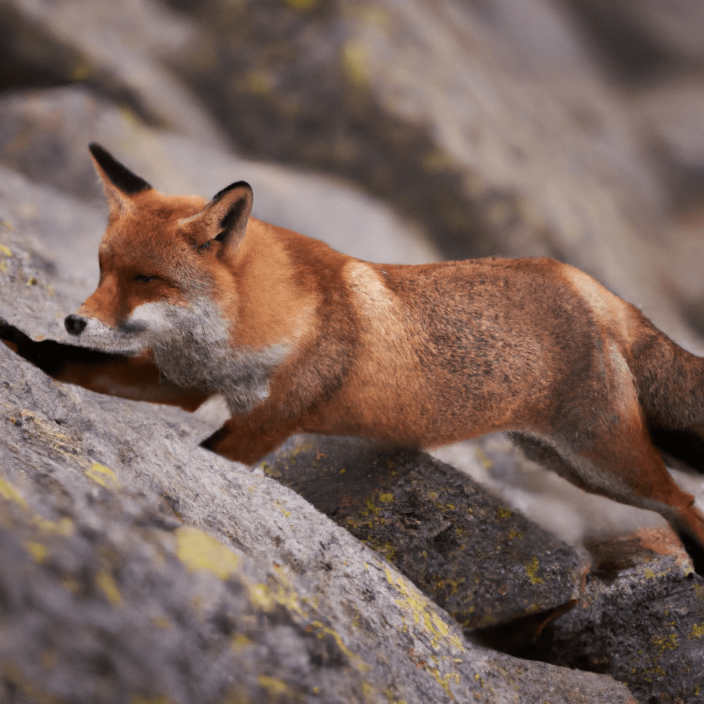 [Photo: A red fox gracefully maneuvers through a rocky terrain, showcasing its agility and adaptability. Capture the beauty of their natural movement with the best trail cameras on the market.]. Sigma 85 mm f/1.4. No text.