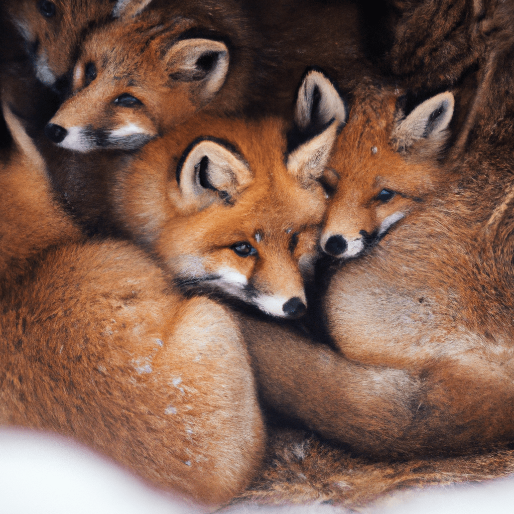 2 - A photo of a group of foxes huddled together in a shared den, seeking warmth and protection during the winter. Sigma 85 mm f/1.4. No text.. Sigma 85 mm f/1.4. No text.