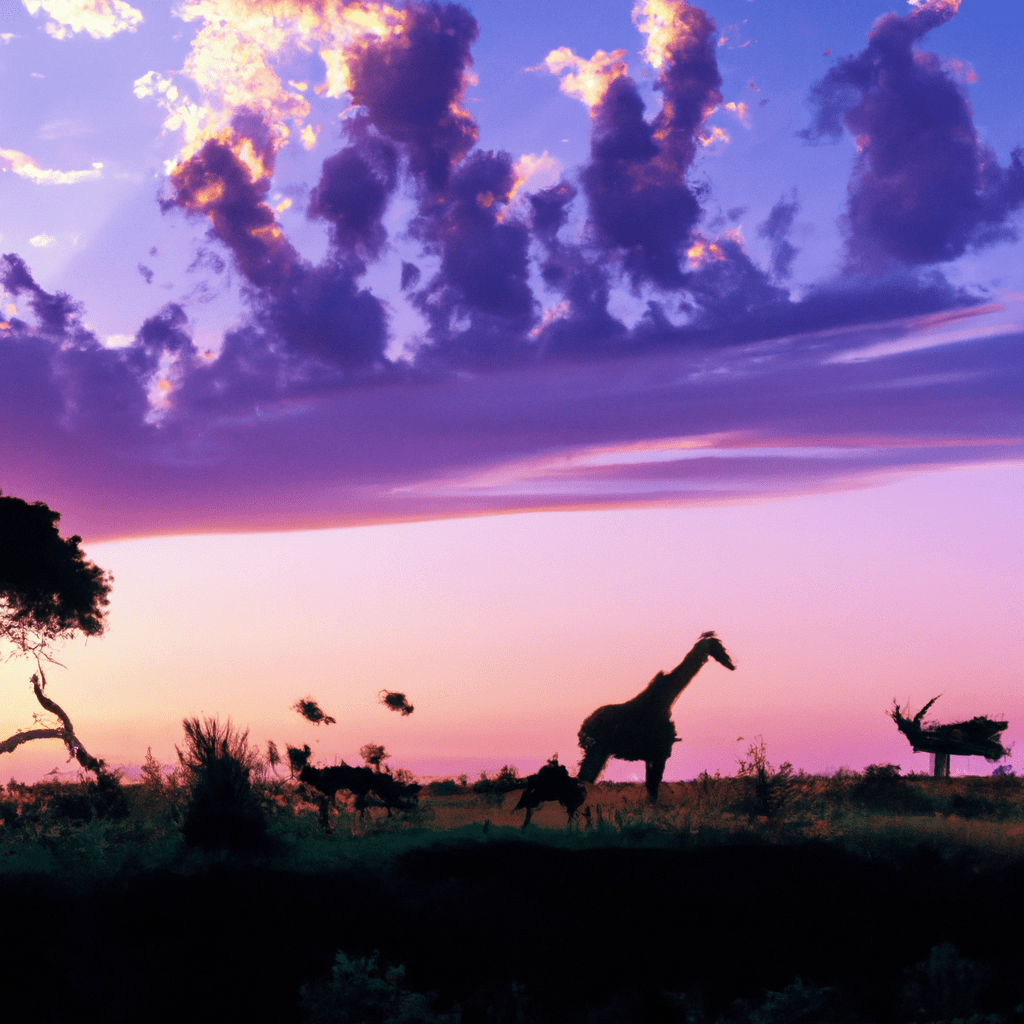 2 - A photo of a wildlife habitat captured by a remote GSM camera trap at dawn. The stunning colors of the sky create a mesmerizing backdrop for the diverse range of animals in their natural environment.. Sigma 85 mm f/1.4. No text.