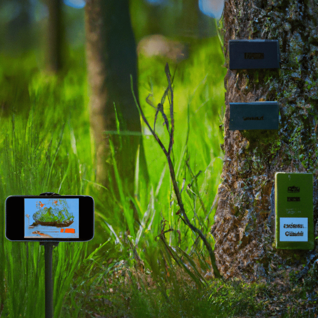 A photo of a wildlife area with a GSM trail camera capturing images and sending them via mobile network.. Sigma 85 mm f/1.4. No text.