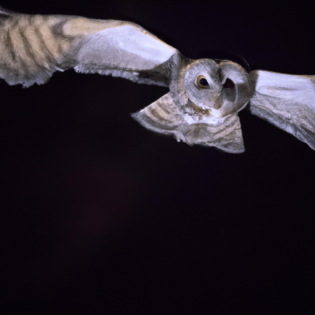 [An up-close shot of a majestic owl gracefully swooping through the night sky.]. Sigma 85 mm f/1.4. No text.
