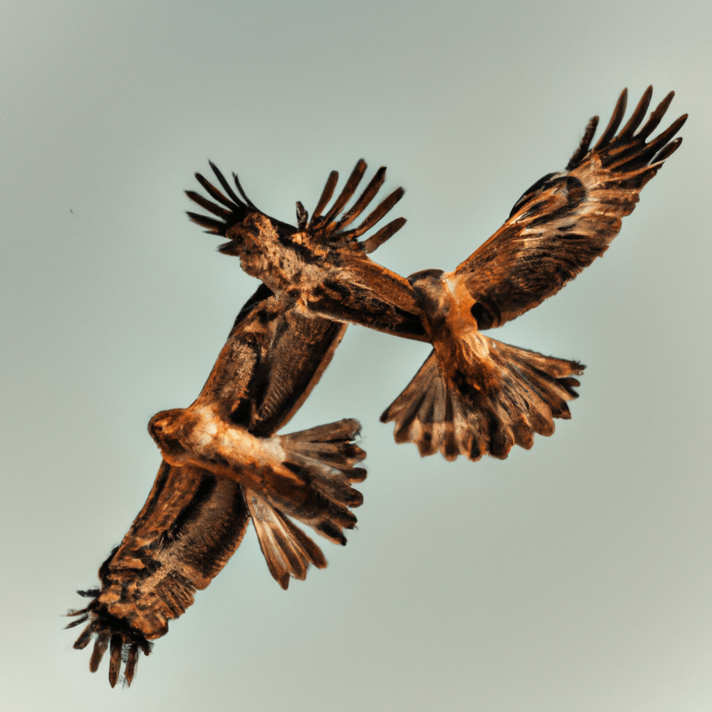 2 - Photo description: A pair of hawks gracefully soaring through the sky, their powerful wings fully extended as they hunt together. Power and grace in perfect harmony. Canon 200 mm f/2.8. No text.. Sigma 85 mm f/1.4. No text.