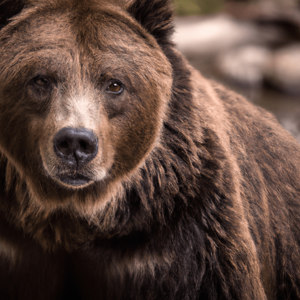A stunning close-up of a majestic grizzly bear staring directly into the camera, capturing their powerful presence in the wild.. Sigma 85 mm f/1.4. No text.