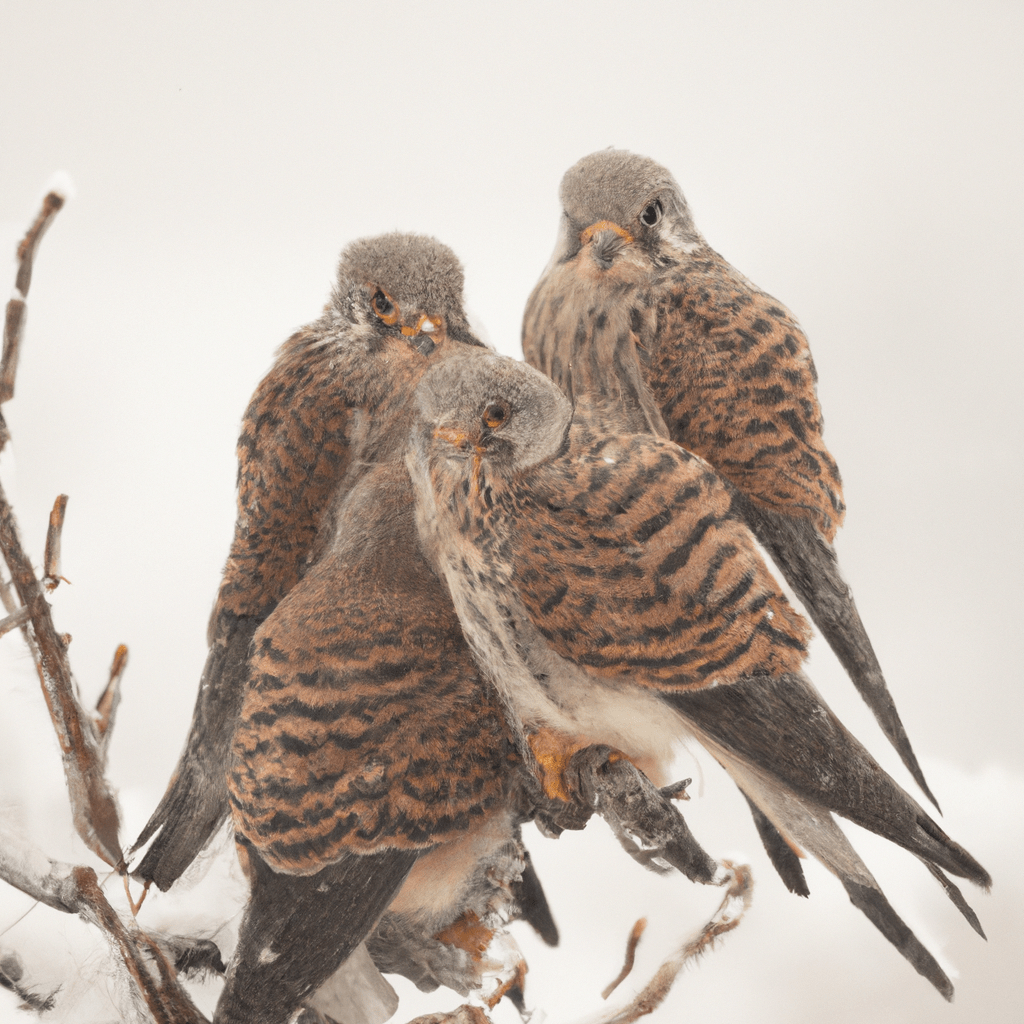 2 - [Image: A group of kestrels perched on a snow-covered tree branch, huddled together for warmth.]. Canon 70-200 mm f/2.8. No text.. Sigma 85 mm f/1.4. No text.