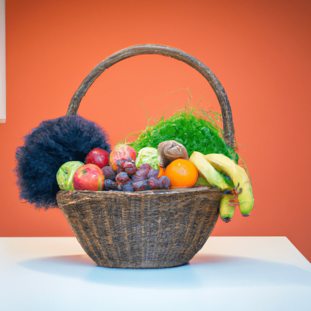 A photo of a basket filled with fresh fruits and vegetables, representing a healthy diet for promoting voluminous and healthy mini afro hair.. Sigma 85 mm f/1.4. No text.