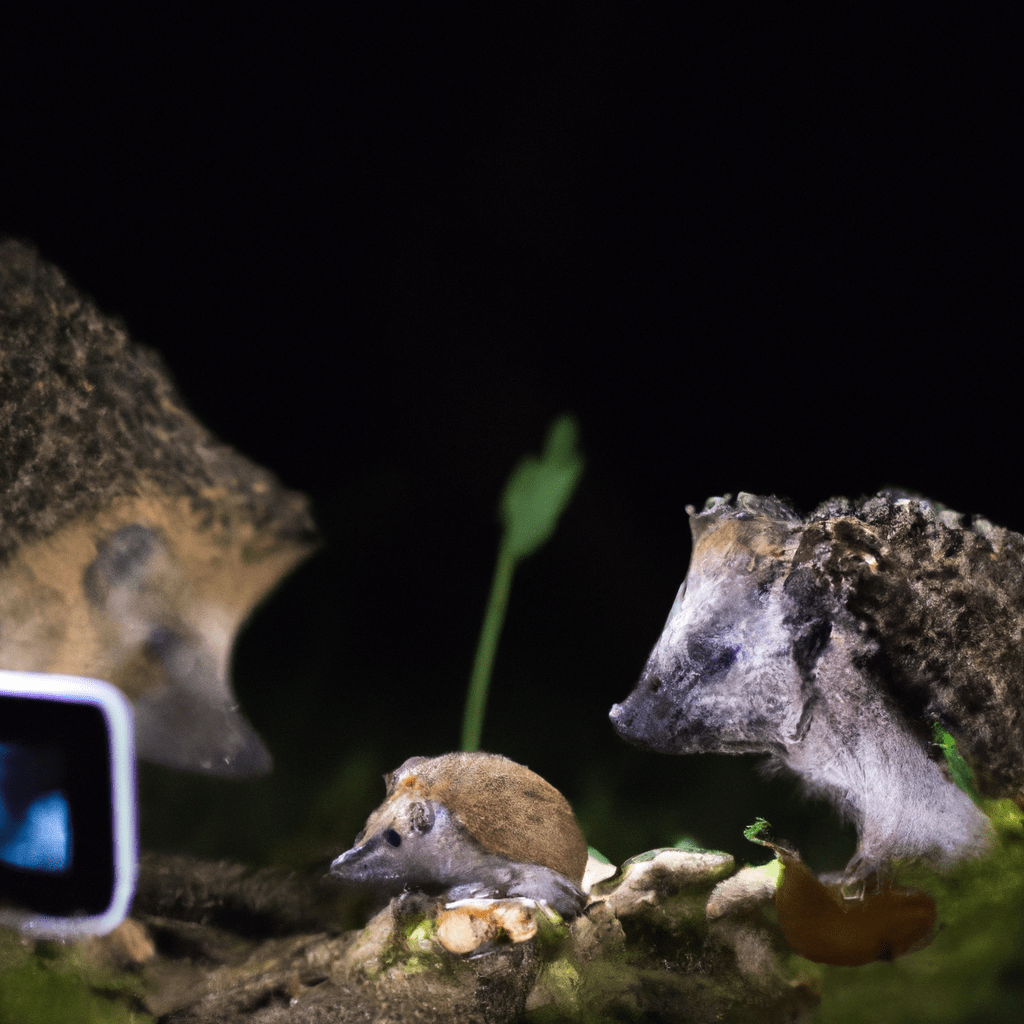 A photo capturing the unique interactions of hedgehogs with other species in their natural habitat. Discover the hidden world of hedgehogs through the lens of a camera trap. Sigma 85 mm f/1.4. No text.. Sigma 85 mm f/1.4. No text.
