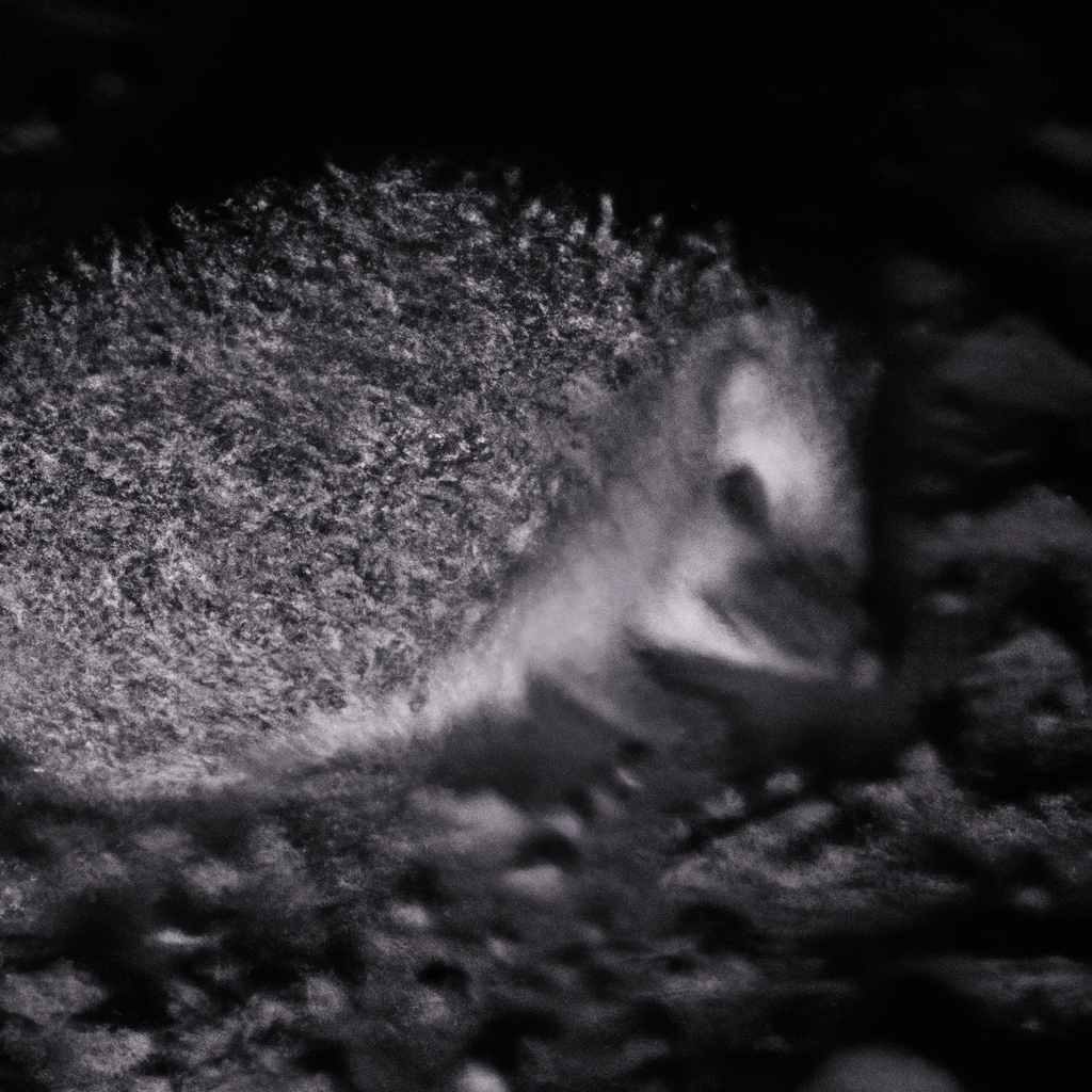 A hedgehog captured on camera trap in the forest at night. Infra-red mode ensures natural behavior.. Sigma 85 mm f/1.4. No text.