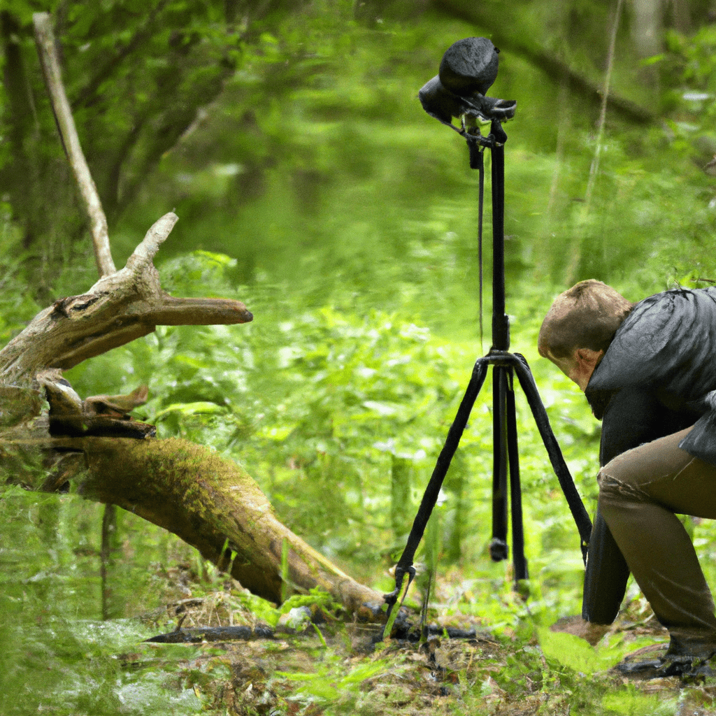 2 - A photographer uses a tripod to set up a motion-activated camera trap in the forest. Ready to capture the hidden life of hedgehogs.. Sigma 85 mm f/1.4. No text.