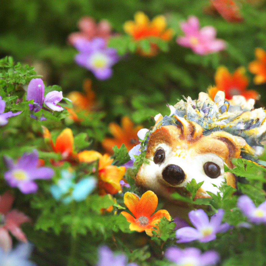 [Porcelain pincushion of a hedgehog in a garden with colorful flowers.]. Sigma 85 mm f/1.4. No text.