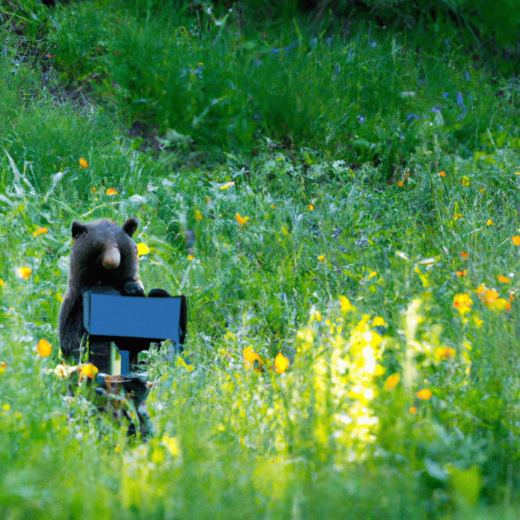 2 - An image of a hidden wildlife camera capturing a rare moment of a bear enjoying its natural habitat. Sigma 85 mm f/1.4. No text.. Sigma 85 mm f/1.4. No text.