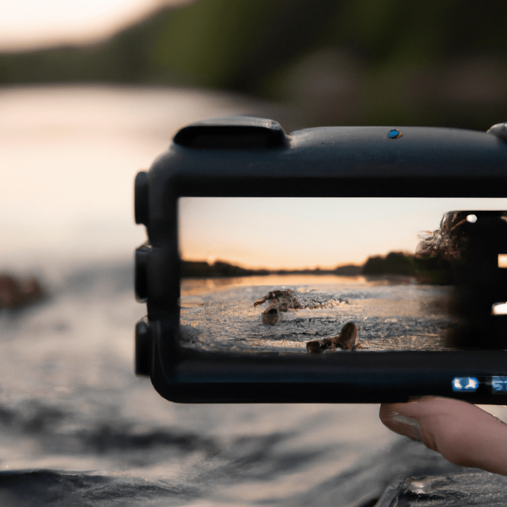 A photo of a hidden camera capturing a family of otters swimming in a river at sunset. Nikon D850, Sigma 85 mm f/1.4. No text.. Sigma 85 mm f/1.4. No text.