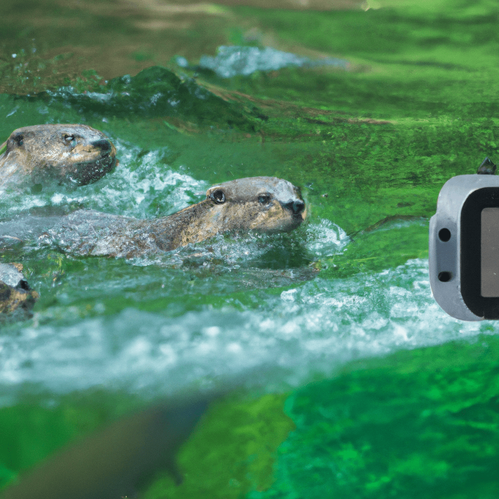 [A photo of a hidden camera capturing a family of otters swimming in a river.]. Sigma 85 mm f/1.4. No text.