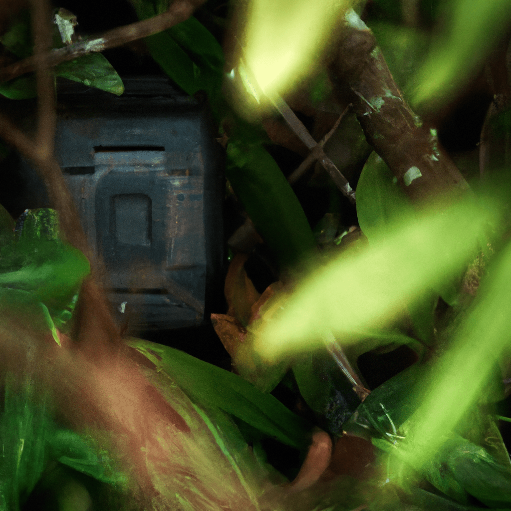 A well-camouflaged trail camera hidden in foliage, blending seamlessly with its natural surroundings. Sigma 85 mm f/1.4.. Sigma 85 mm f/1.4. No text.