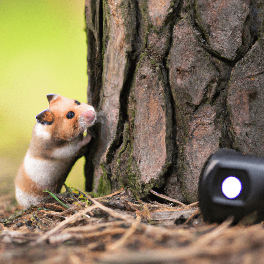 [Photo: A hidden camera placed on a tree trunk captures a curious hamster exploring its surroundings in a dense forest.]. Sigma 85 mm f/1.4. No text.