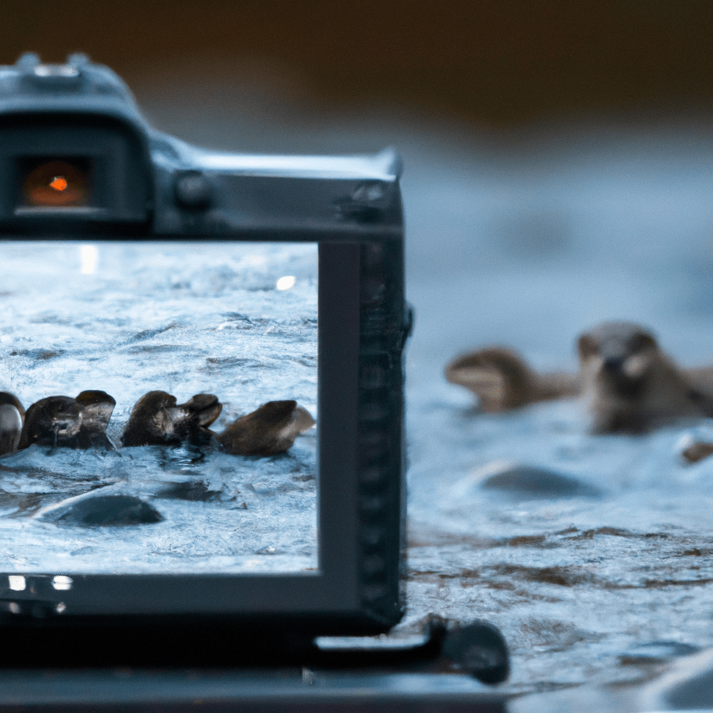 A photo of a hidden camera capturing a group of otters swimming in a river at sunrise. Nikon D850, Sigma 85 mm f/1.4. No text.. Sigma 85 mm f/1.4. No text.