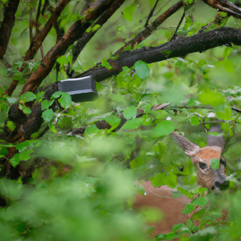 A photo of a motion-activated wildlife camera hidden among dense underbrush, capturing a curious deer as it approaches.. Sigma 85 mm f/1.4. No text.