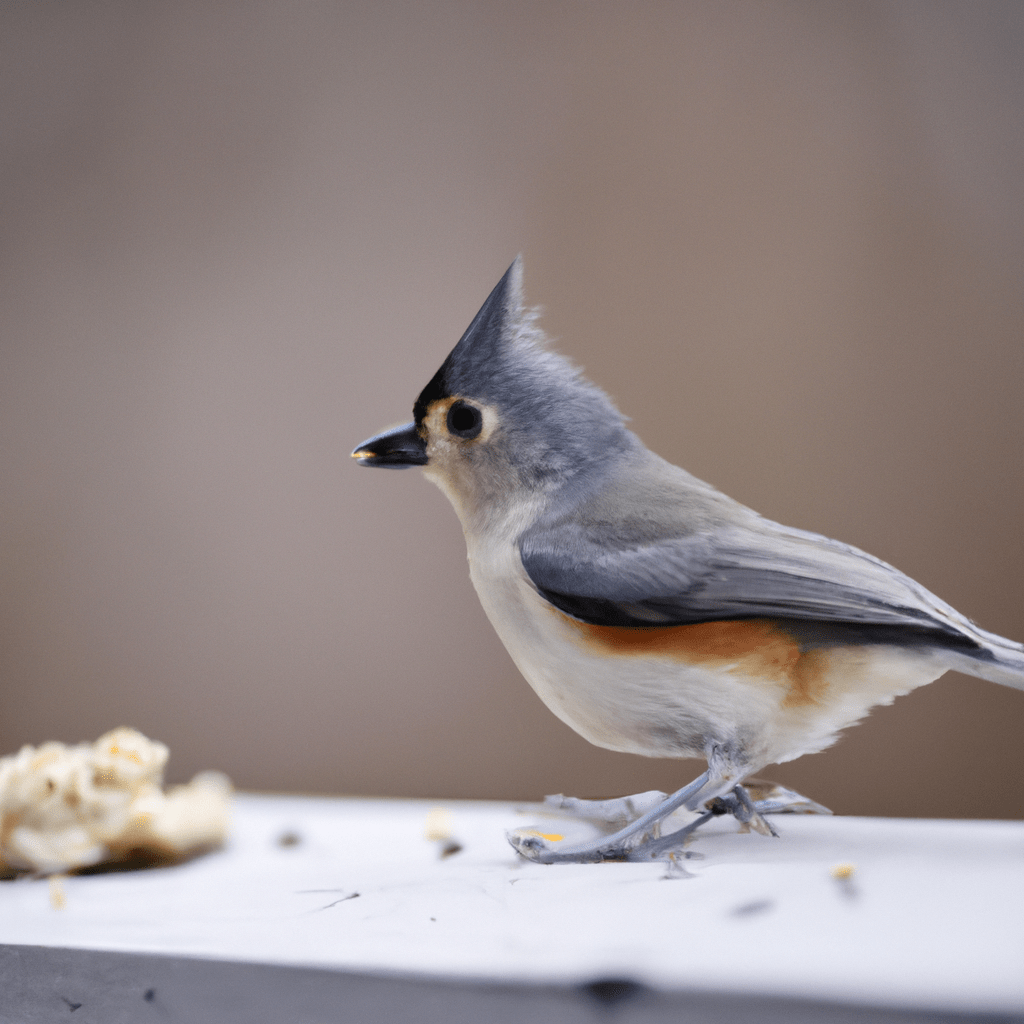 2 - Photograph: A tufted titmouse captured by a hidden camera in its natural habitat, showcasing its daily activities and behavior.. Sigma 85 mm f/1.4. No text.