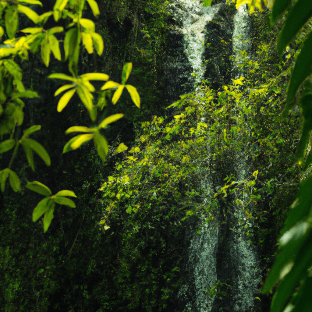 2 - An image capturing the beauty of a hidden waterfall surrounded by lush greenery. Can you spot any wildlife?. Sigma 85 mm f/1.4. No text.