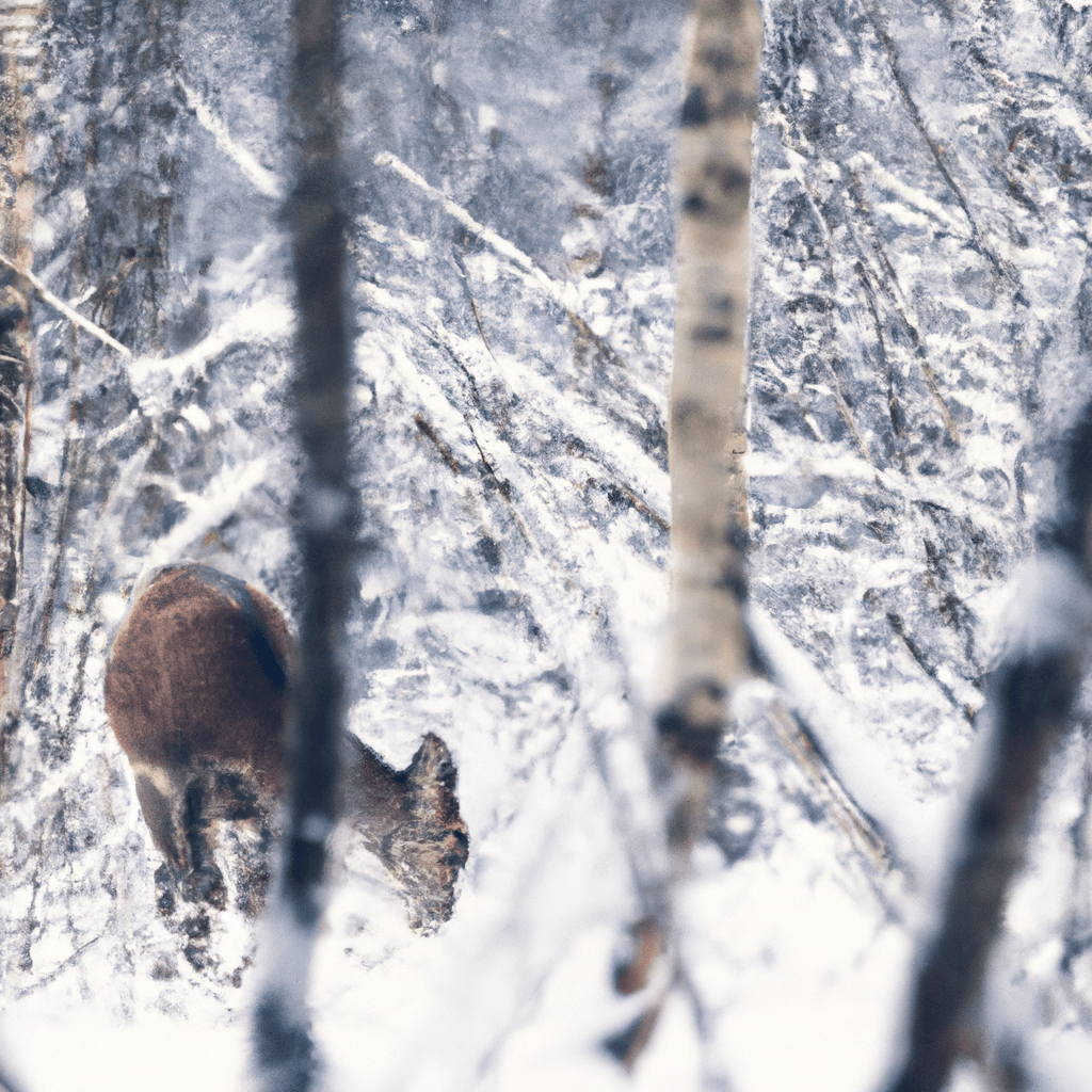 2 - [A photo of a deer captured by a hidden camera in the snowy forest. The deer is peacefully grazing, unaware of being observed. Nikon 70-200mm f/2.8 lens used.] No text.. Sigma 85 mm f/1.4. No text.