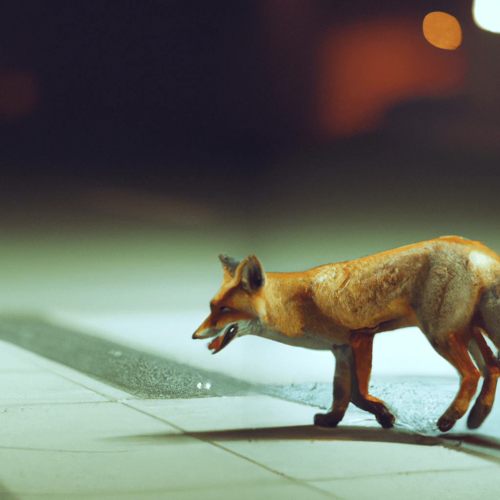 2 - [A photo captured by a hidden camera showing a fox exploring a city street at night.]. Sigma 85 mm f/1.4. No text.. Sigma 85 mm f/1.4. No text.