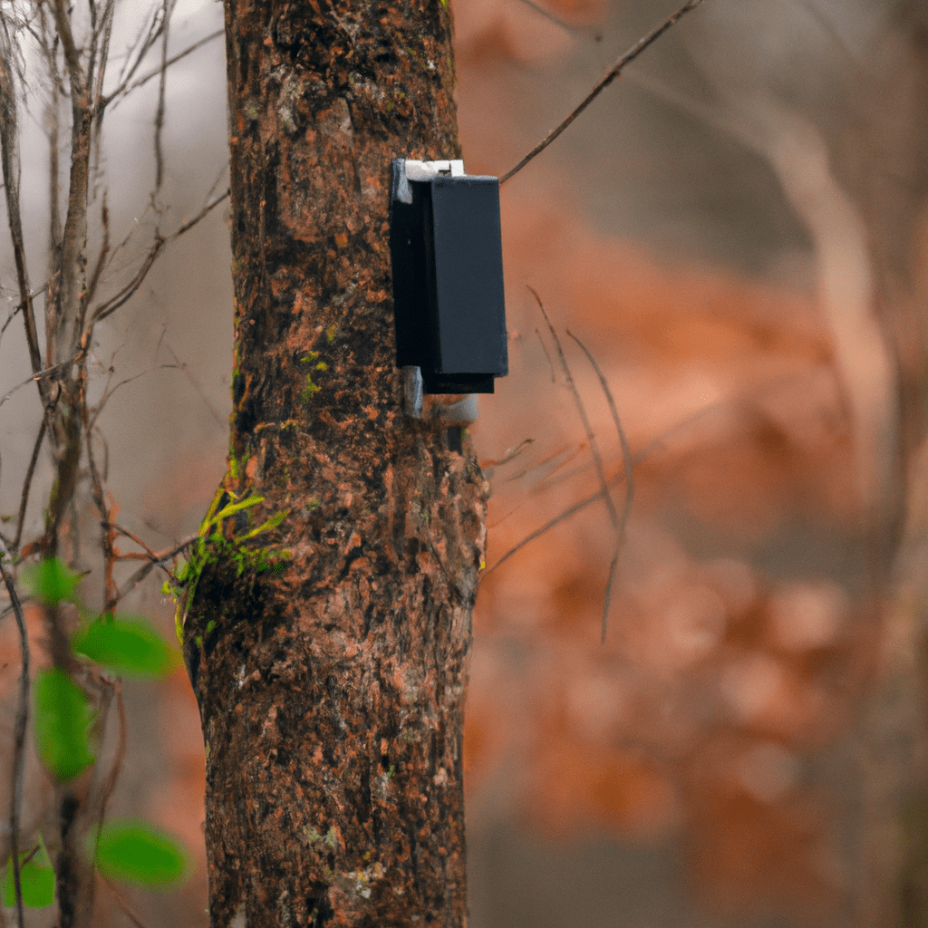 A Bunatý GSM camera trap hidden in a tree, perfectly positioned to capture wildlife activity in its natural habitat.. Sigma 85 mm f/1.4. No text.