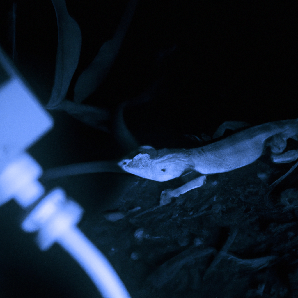 A picture showcasing a high-tech infrared camera capturing a lizard in its natural territory at night.. Sigma 85 mm f/1.4. No text.