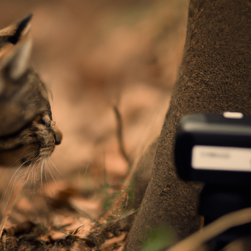 A close-up of a high-tech trail camera capturing a wild cat in its natural habitat with precision and reliability.. Sigma 85 mm f/1.4. No text.