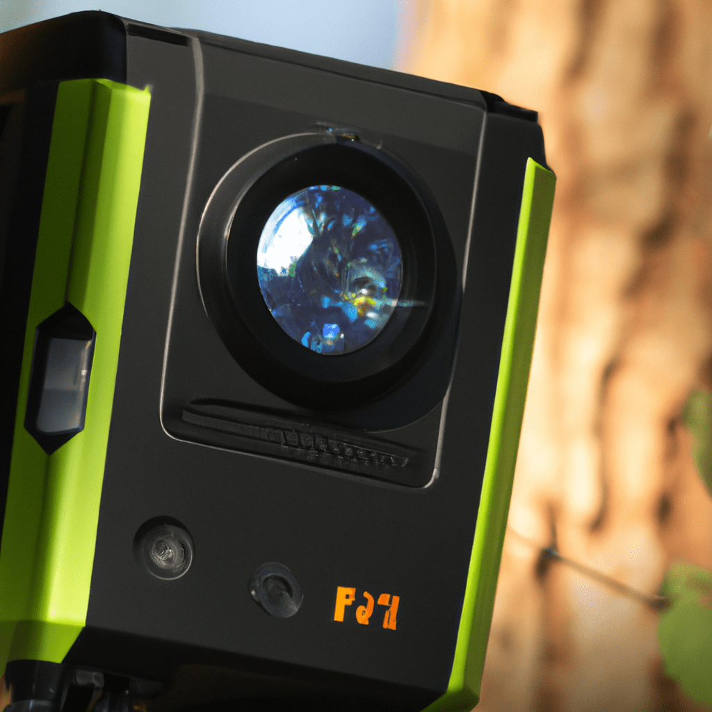 7 - A photo of a trail camera with a high-resolution lens and solar-powered battery, ensuring clear and eco-friendly surveillance.. Sigma 85 mm f/1.4. No text.