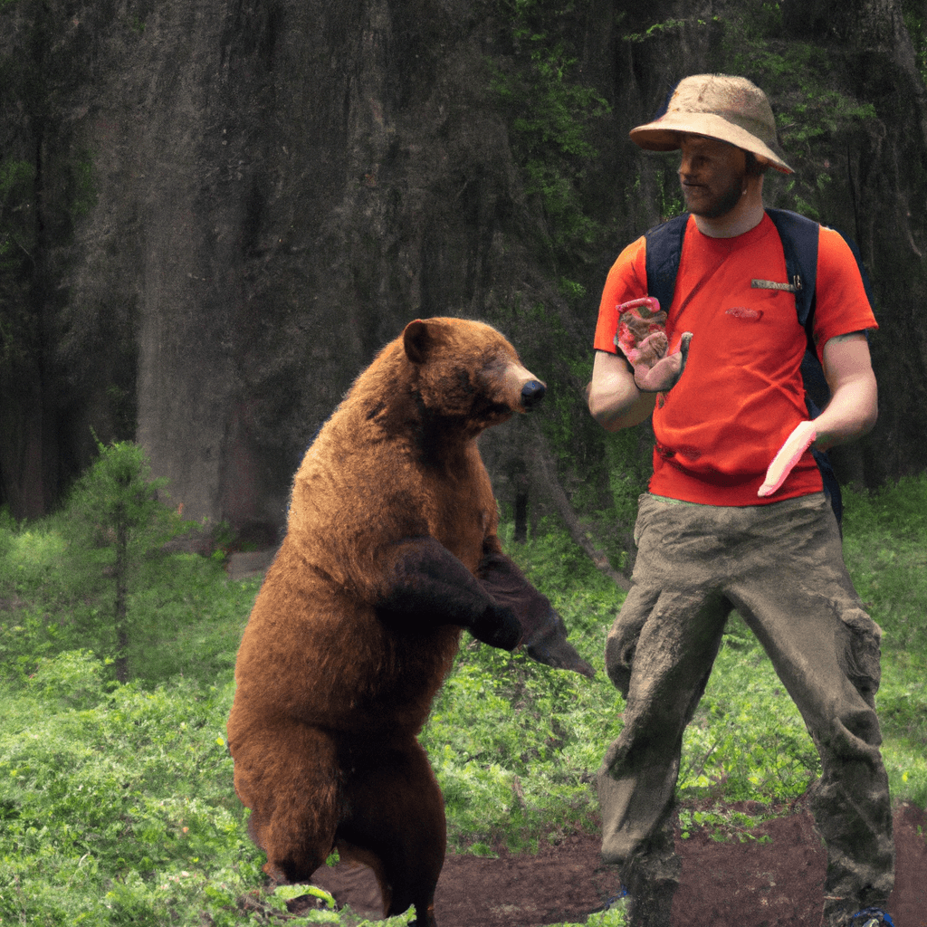 2 - A photo showing a hiker calmly standing their ground as a bear approaches, demonstrating how to react during a bear encounter.. Sigma 85 mm f/1.4. No text.