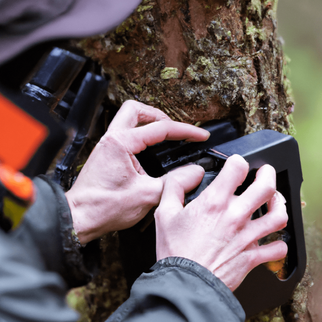 A trail camera being checked and maintained by a hiker in the wilderness. Canon 70-200 mm f/2.8. No text.. Sigma 85 mm f/1.4. No text.