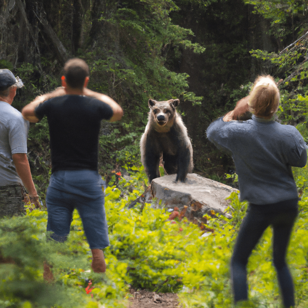 A captivating shot of a group of hikers calmly observing a magnificent grizzly bear in its natural habitat, highlighting the importance of keeping a safe distance and respecting wild animals. Sigma 85 mm f/1.4. No text.. Sigma 85 mm f/1.4. No text.