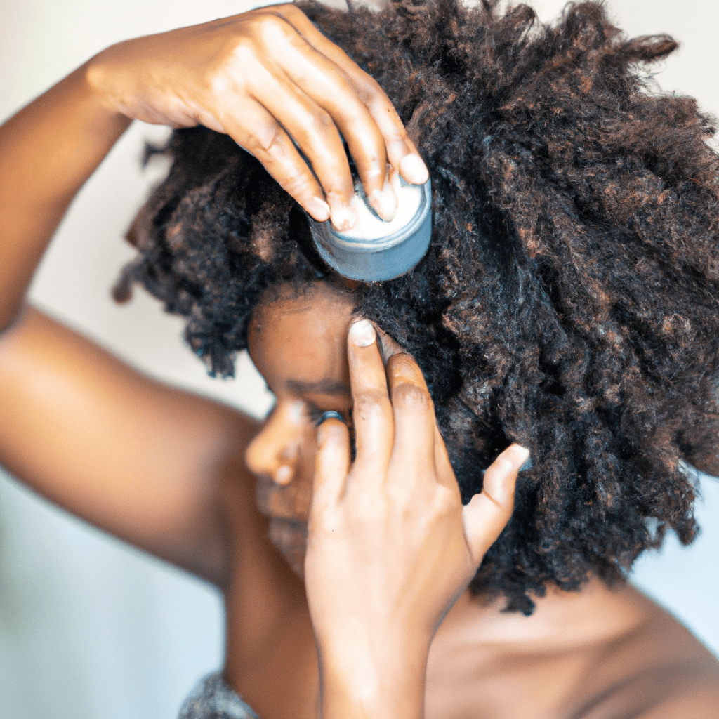 2 - A photo of a woman gently massaging a hydrating hair mask into her mini afro curls, promoting healthy and voluminous hair.. Sigma 85 mm f/1.4. No text.